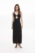 Black lace maxi dress with side slit and sheer lace panel detail