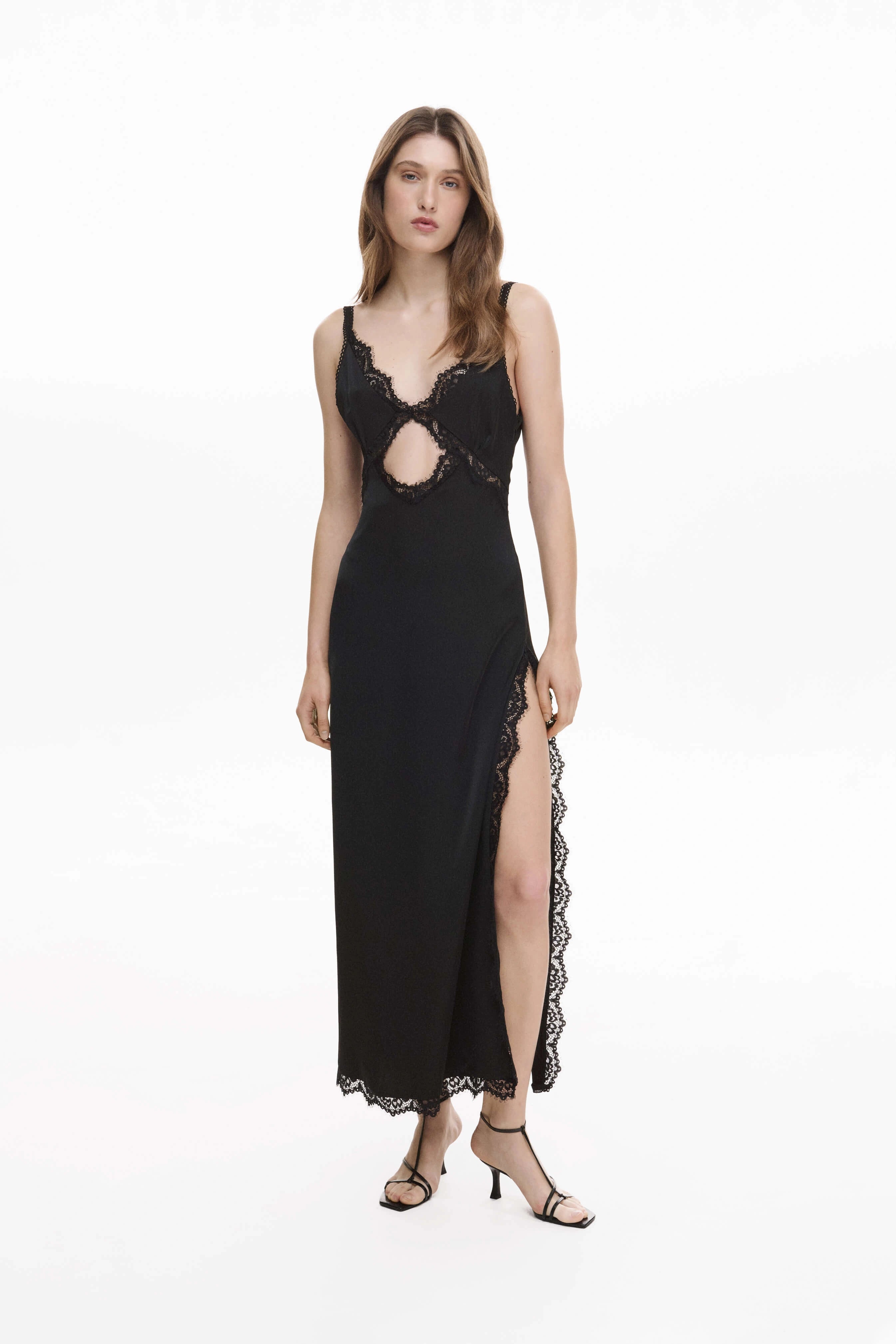 Black maxi dress with lace bodice detail and high side slit