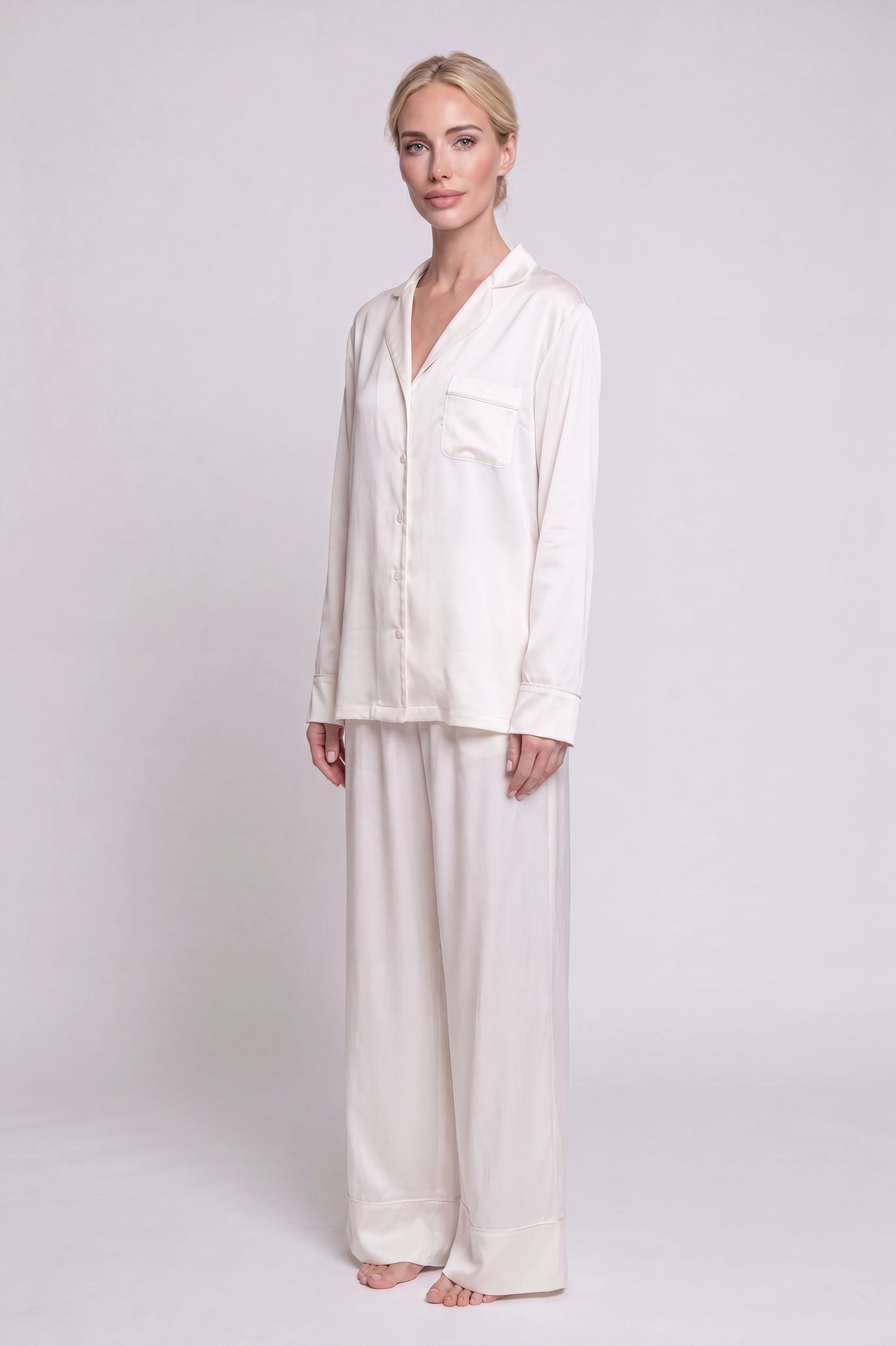 Lila Satin Ivory 3-Piece Lounge Set with Shirt, Pants and Shorts