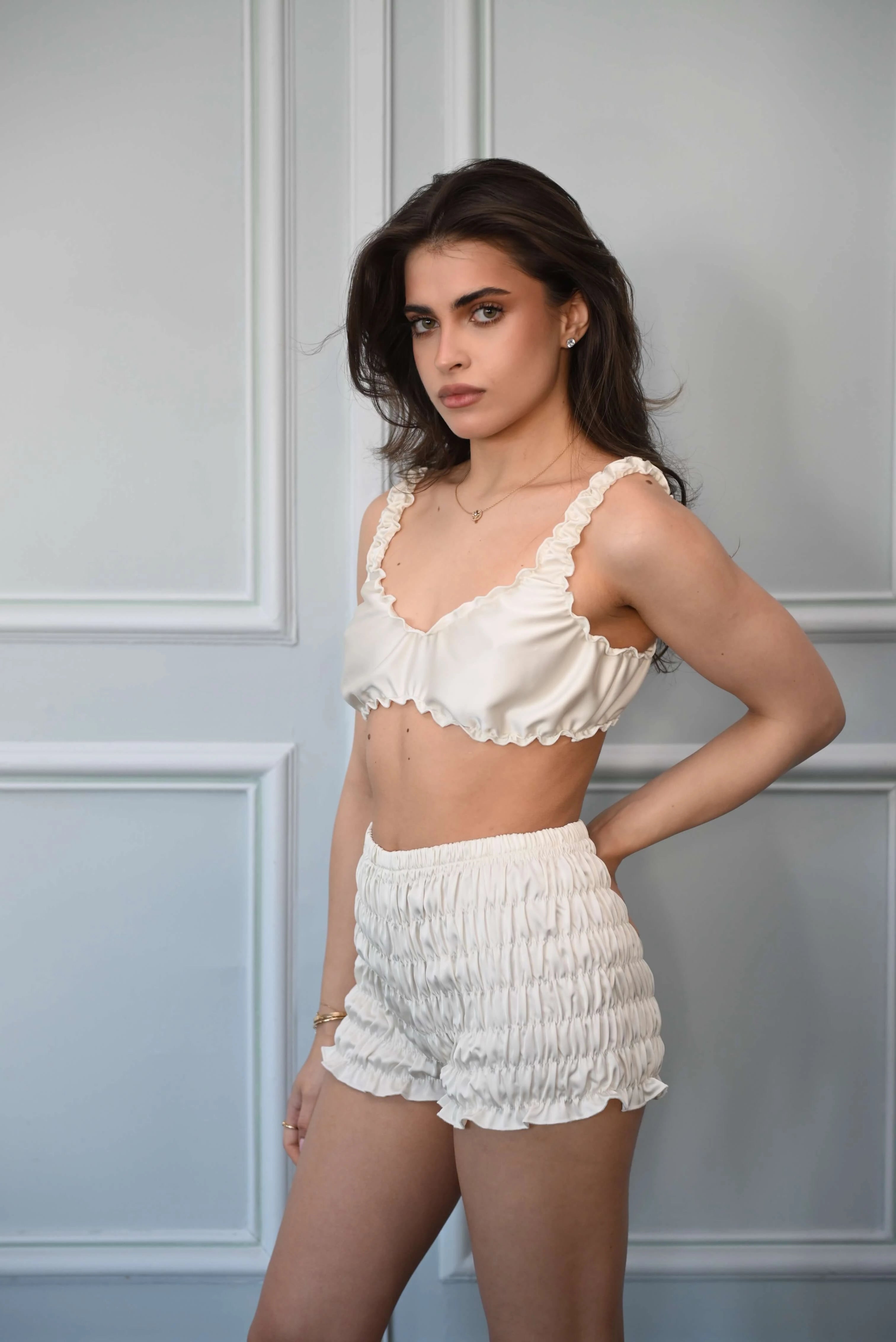 Ivory satin set shorts and top