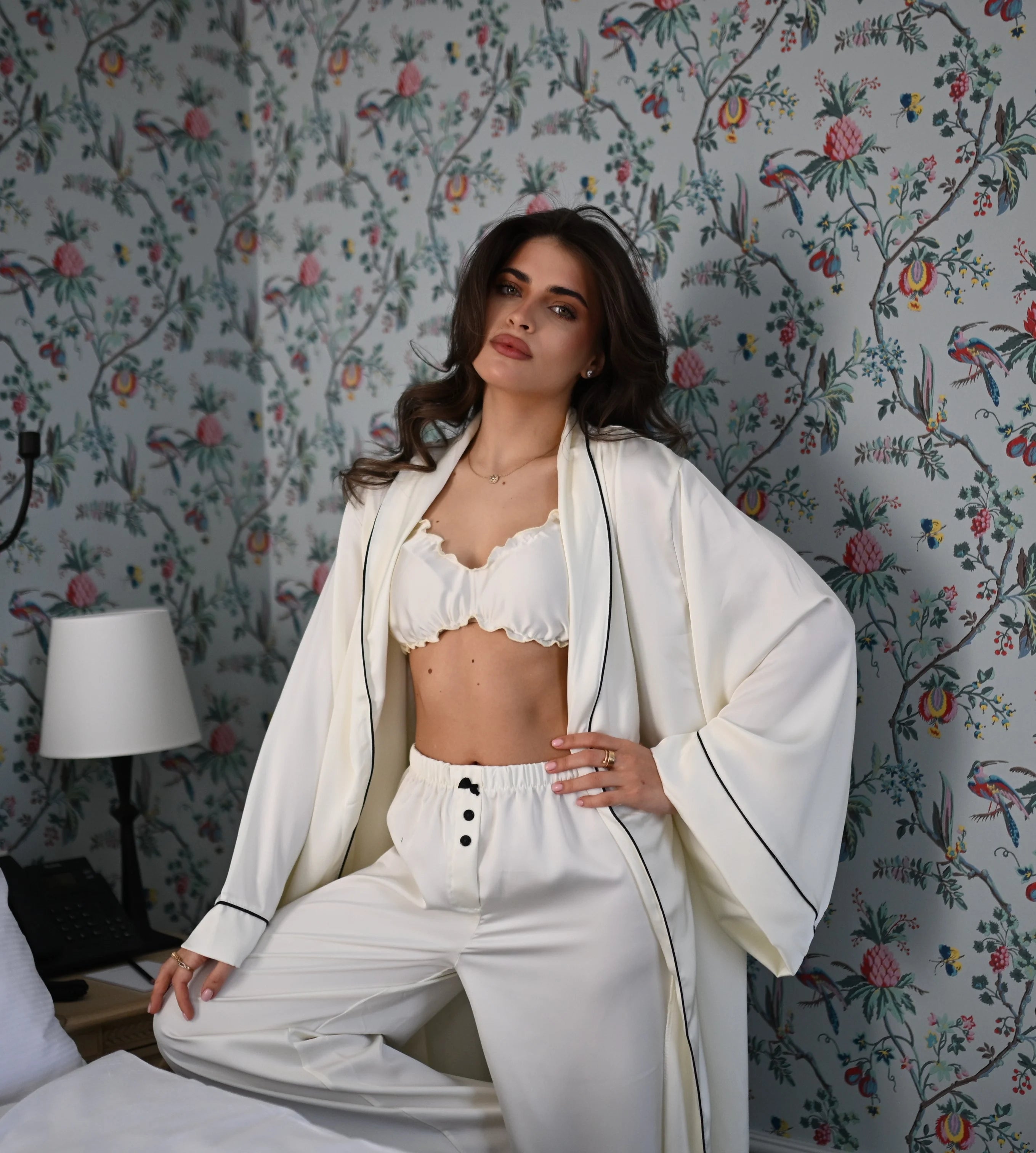 Aurora Satin Ivory Three-Piece Set with Kimono