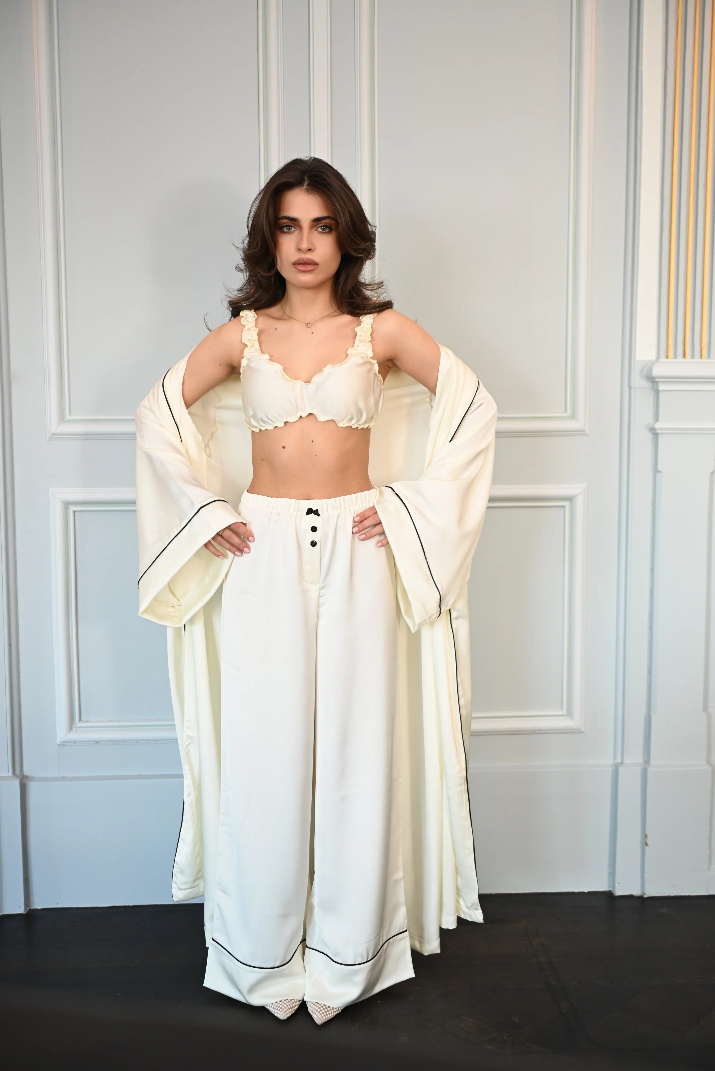 Aurora Satin Ivory Three-Piece Set with Kimono