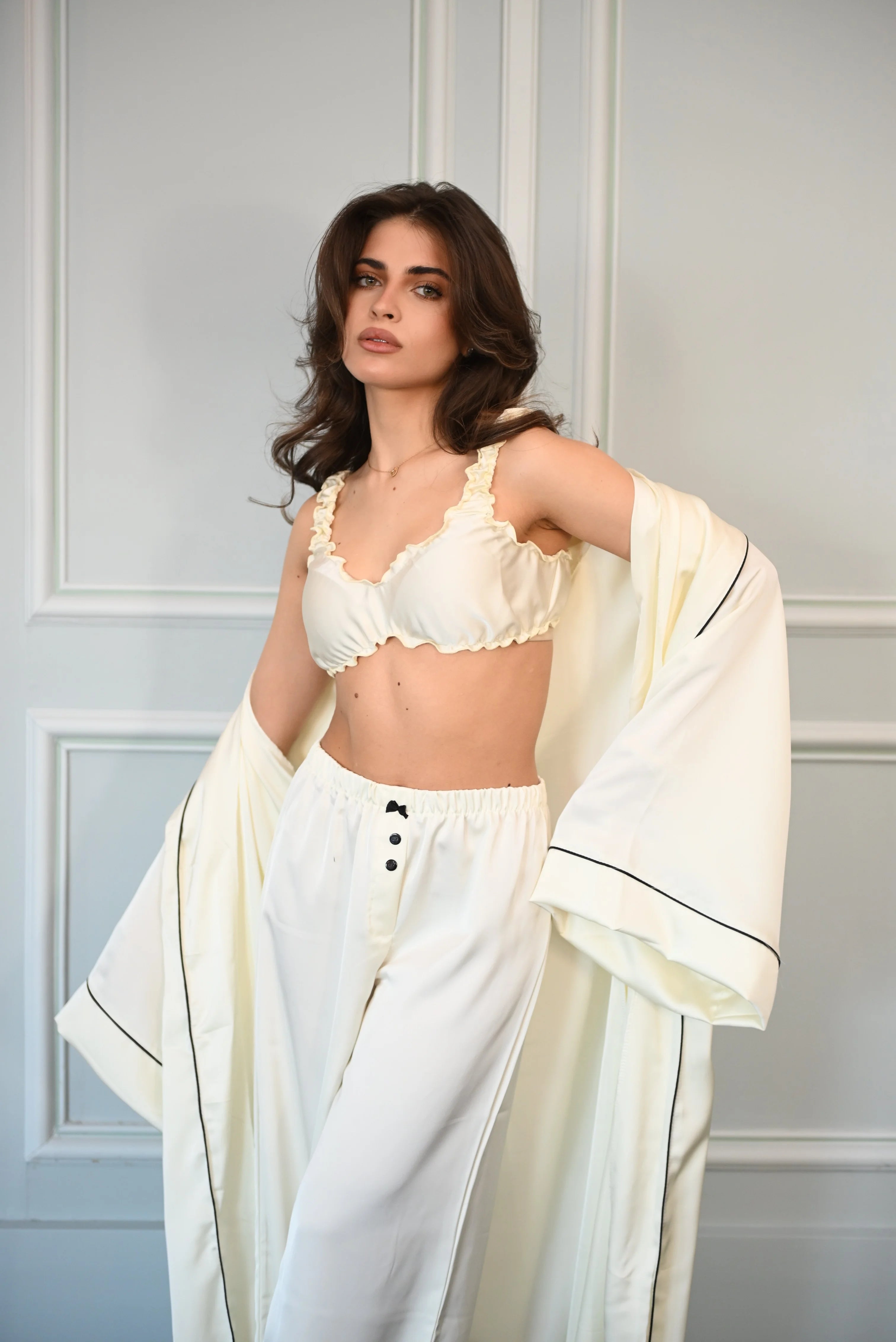 Aurora Satin Ivory Three-Piece Set with Kimono