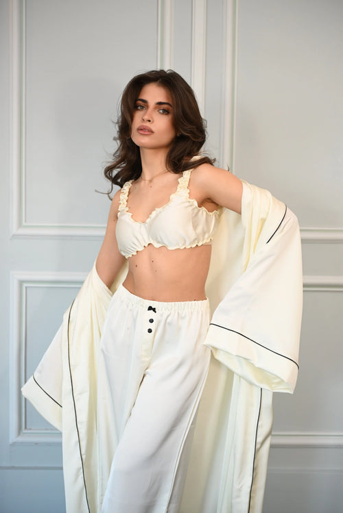 Aurora ivory satin three-piece set with kimono worn by model