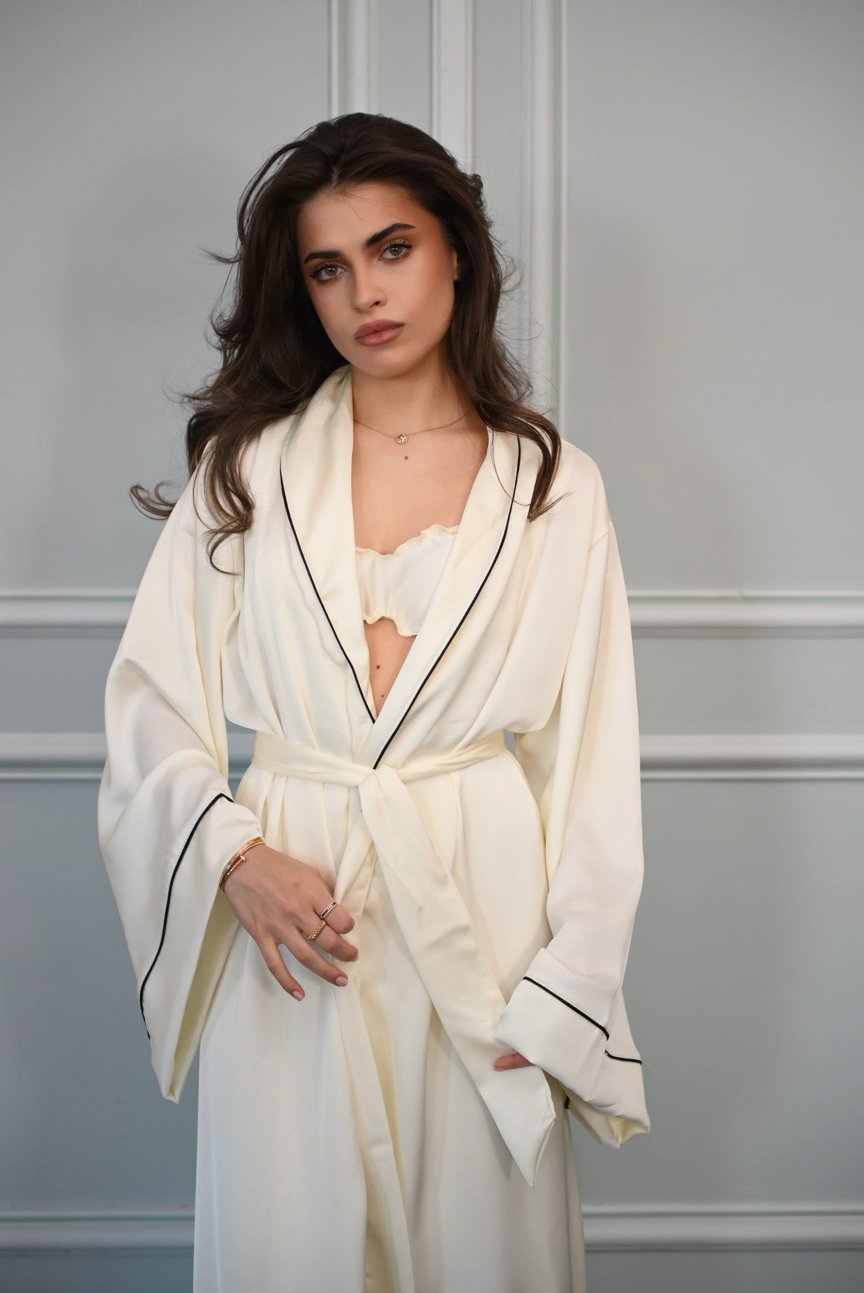 Aurora Satin Ivory Three-Piece Set with Kimono