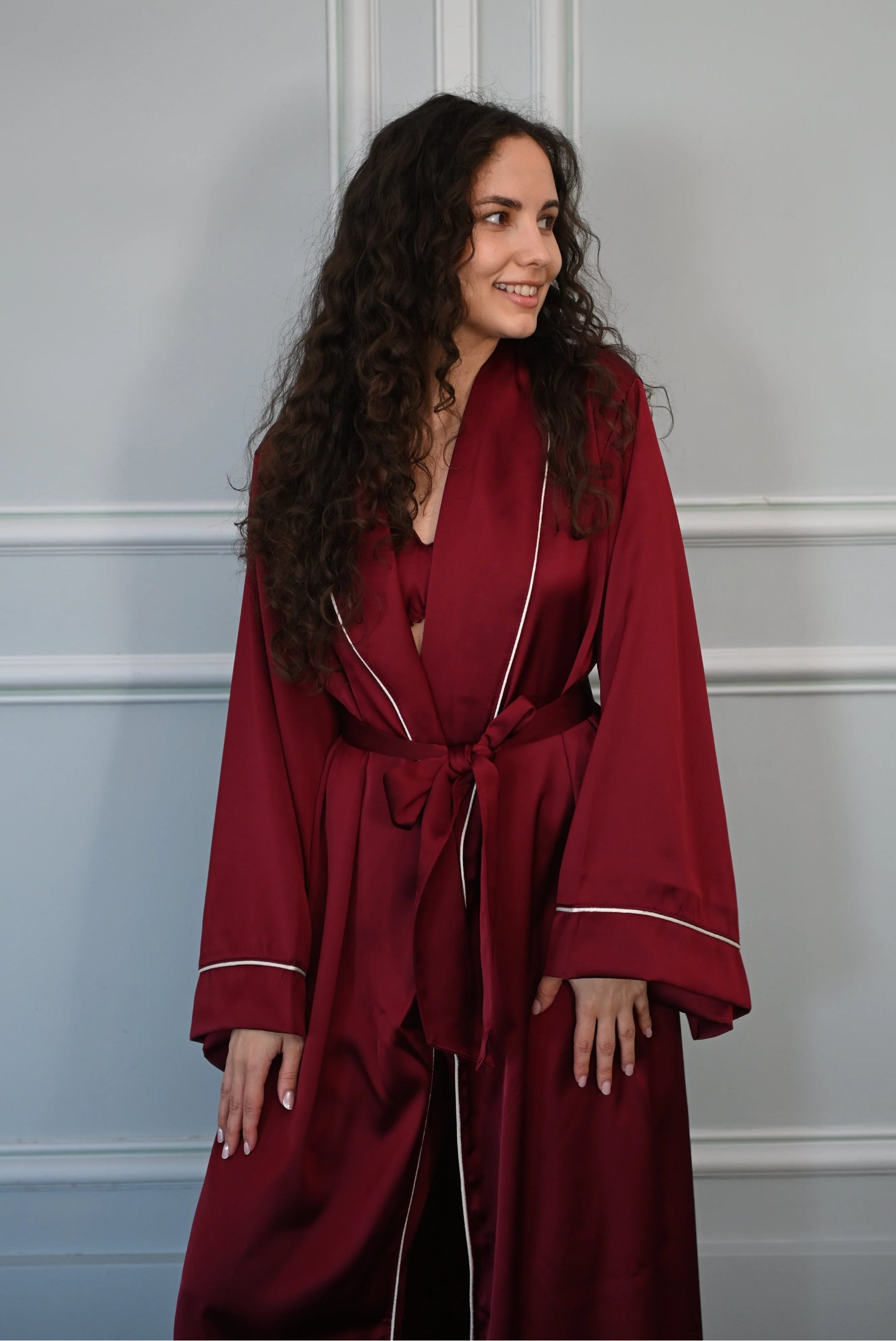 Aurora Burgundy Satin Set with Kimono