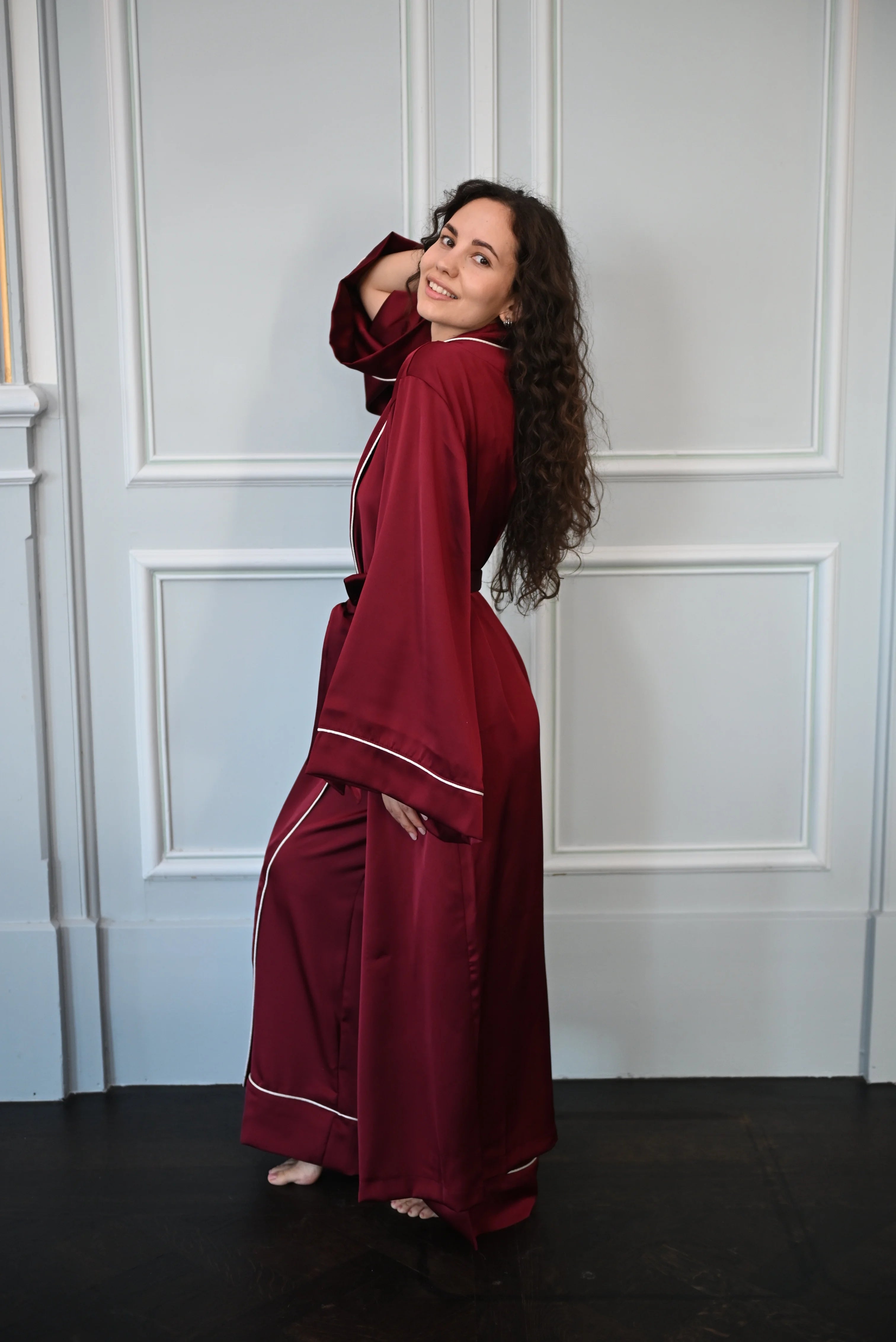 Aurora Burgundy Satin Kimono Robe