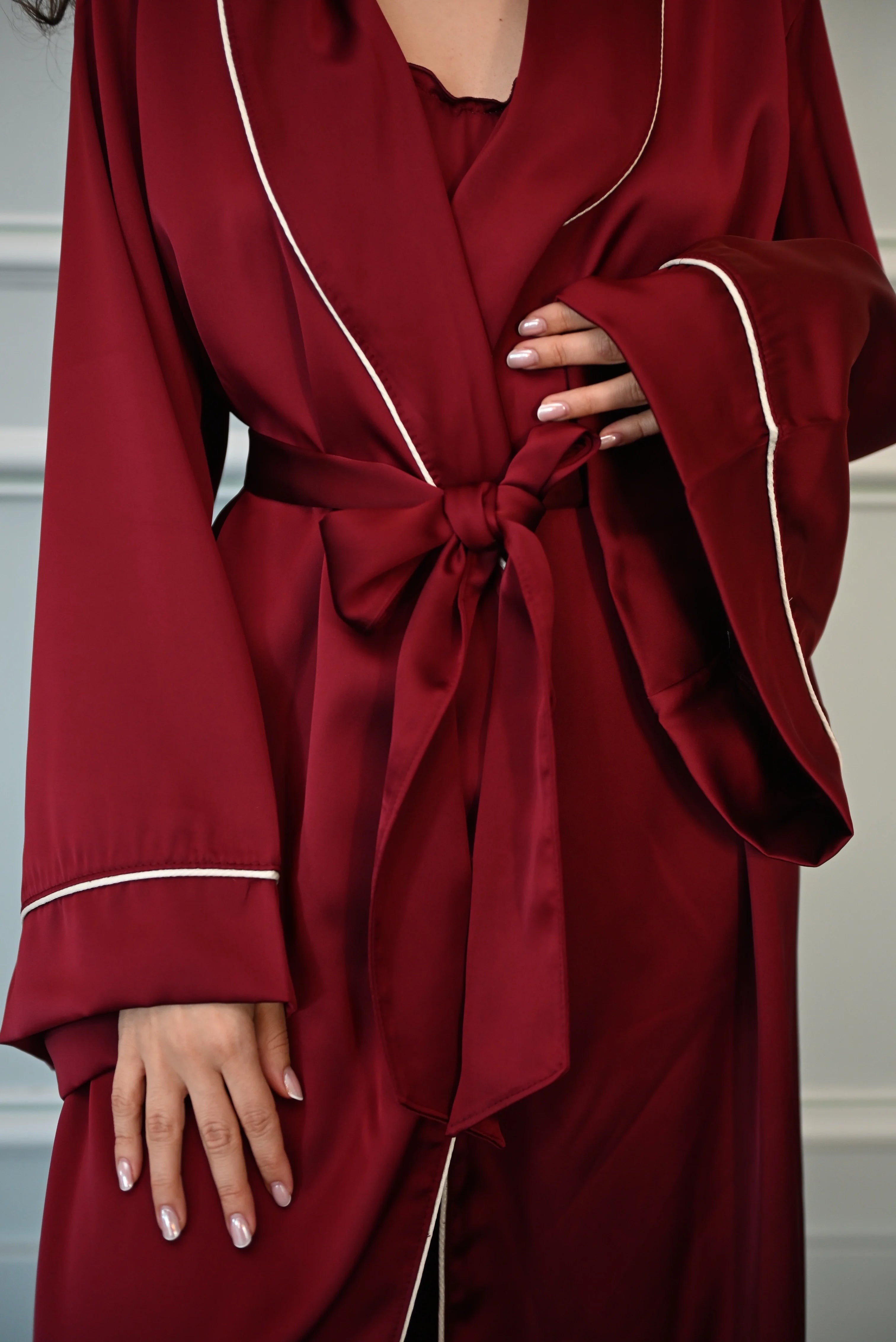 Aurora Satin burgundy Three-Piece Set with Kimono