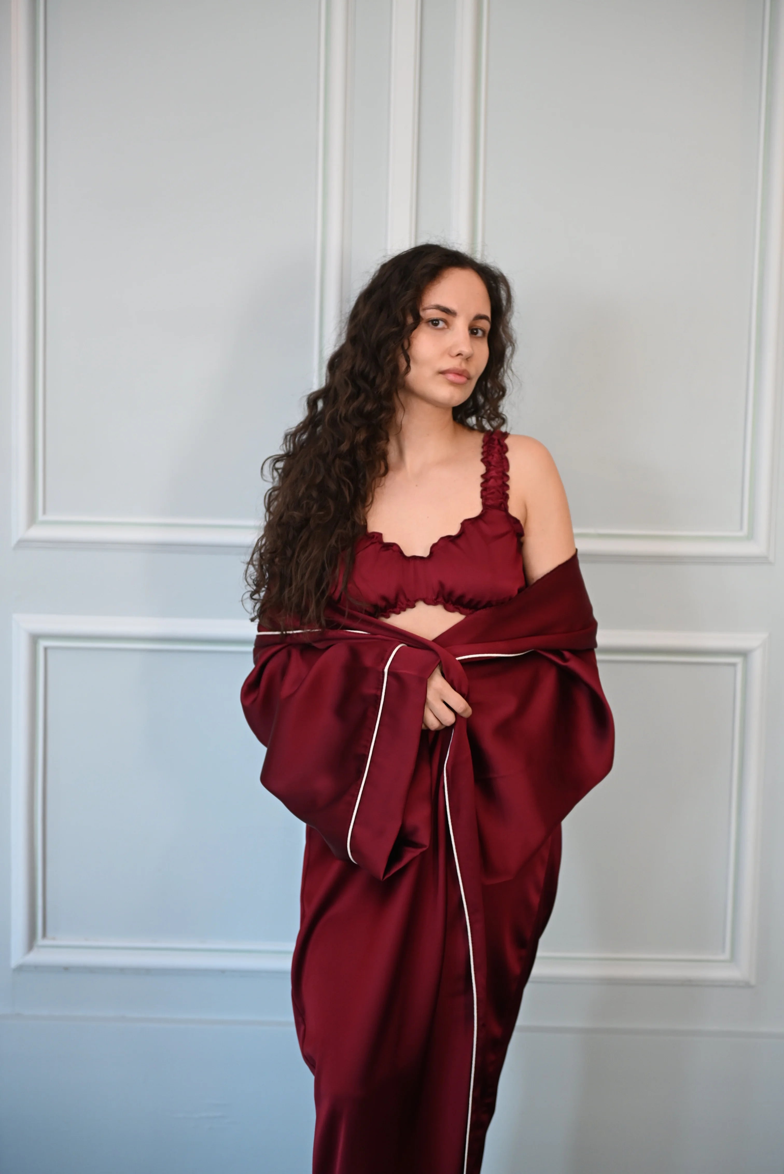 Aurora Satin burgundy Three-Piece Set with Kimono