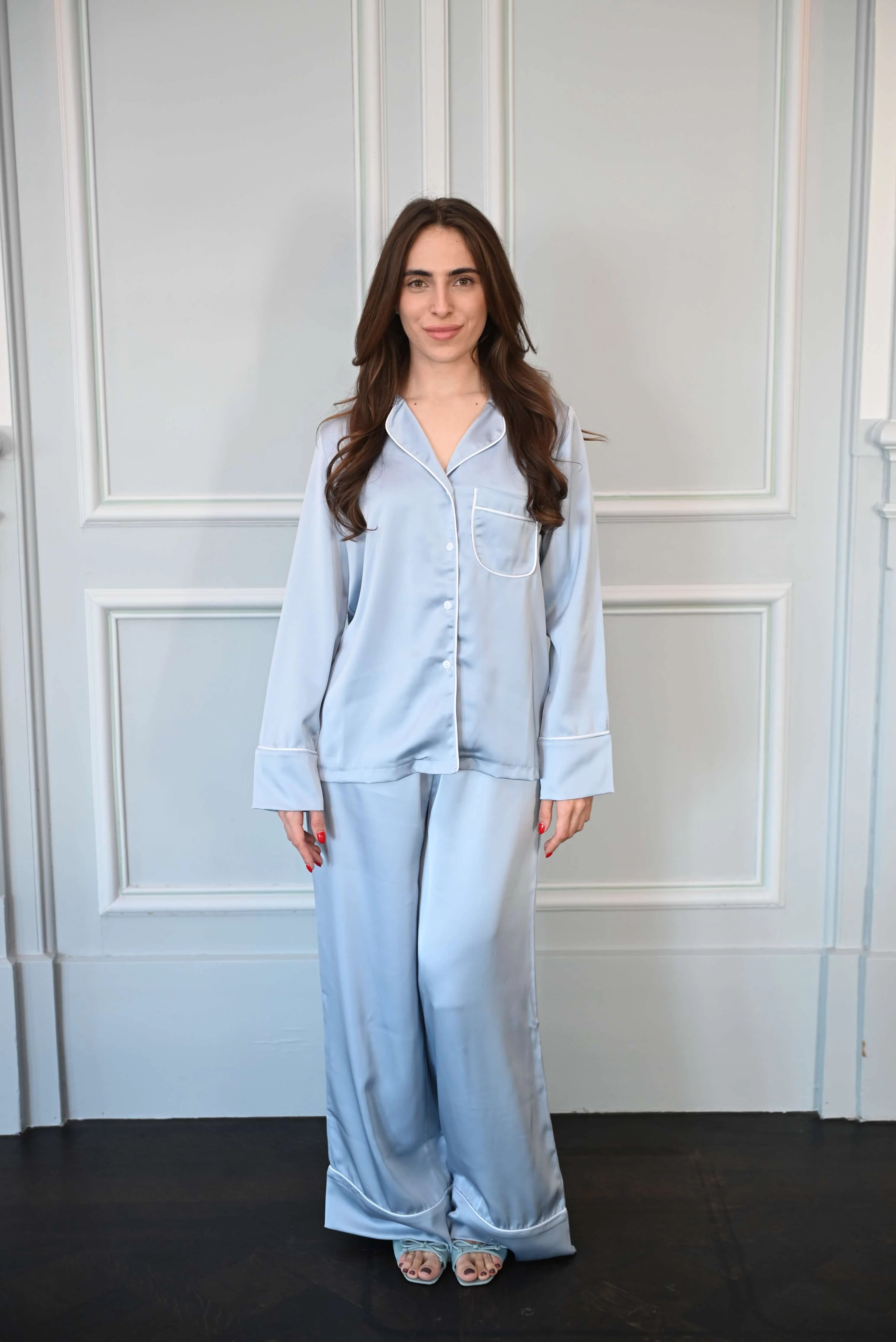 Camille Satin Powder Blue Set with Piping Details