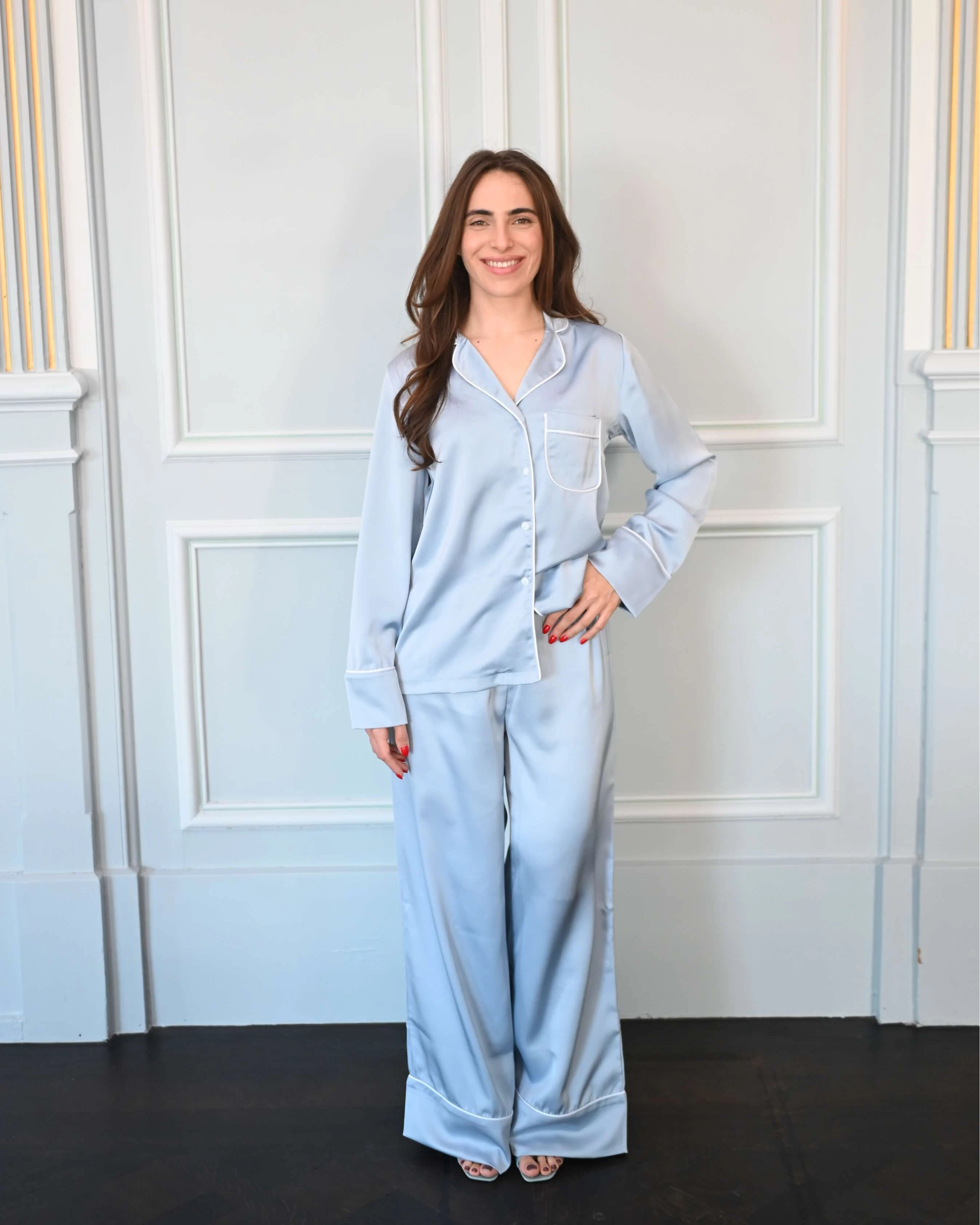 Camille Satin Powder Blue Set with Piping Details