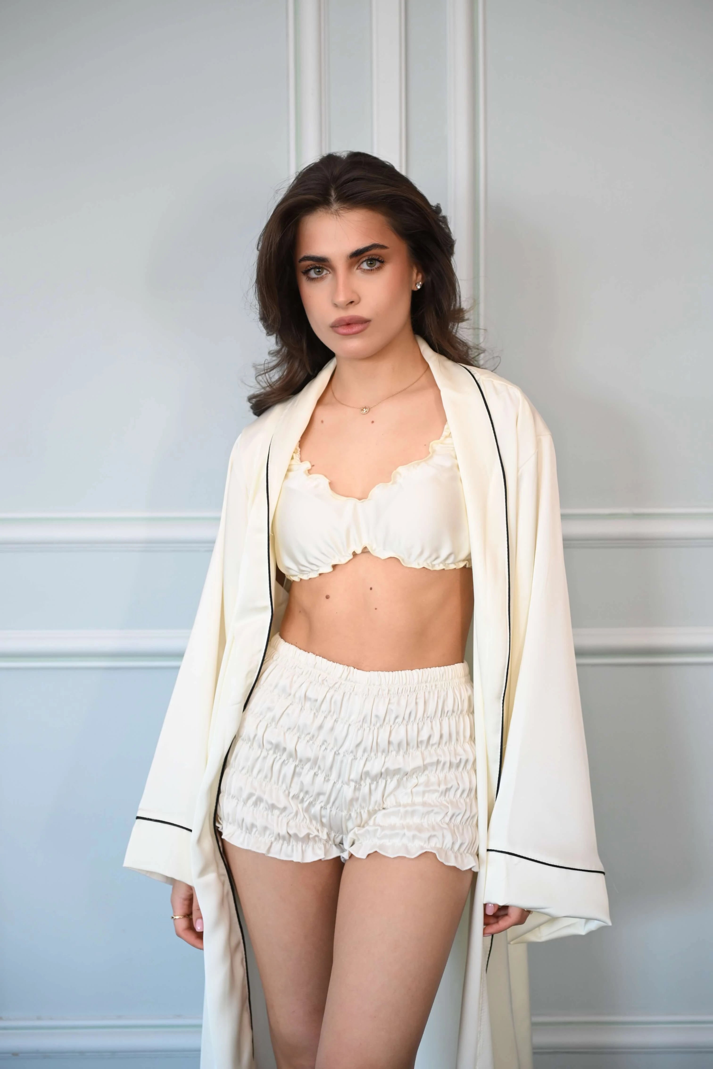 Ivory satin set shorts and top