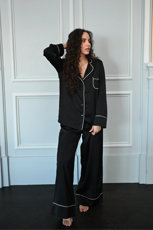 Camille black satin set with contrast piping, front view