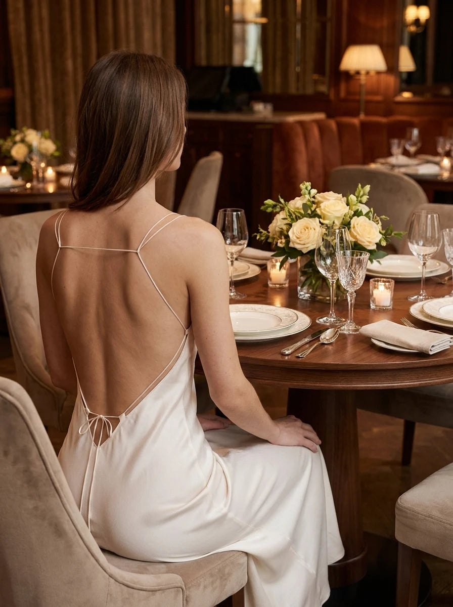 Rosalie Satin Ivory Maxi Dress with Open Back