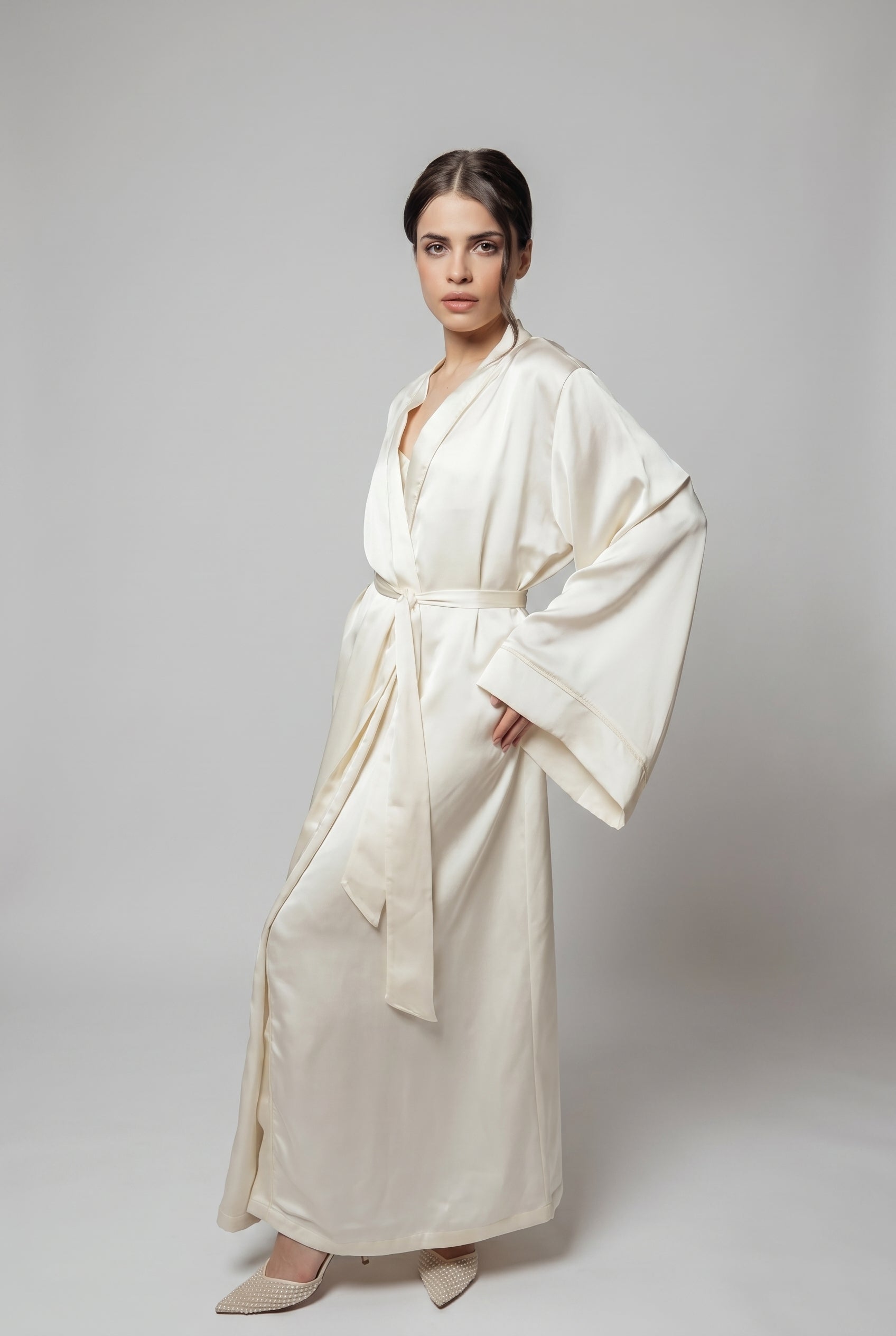 Lila Satin Ivory Kimono Robe