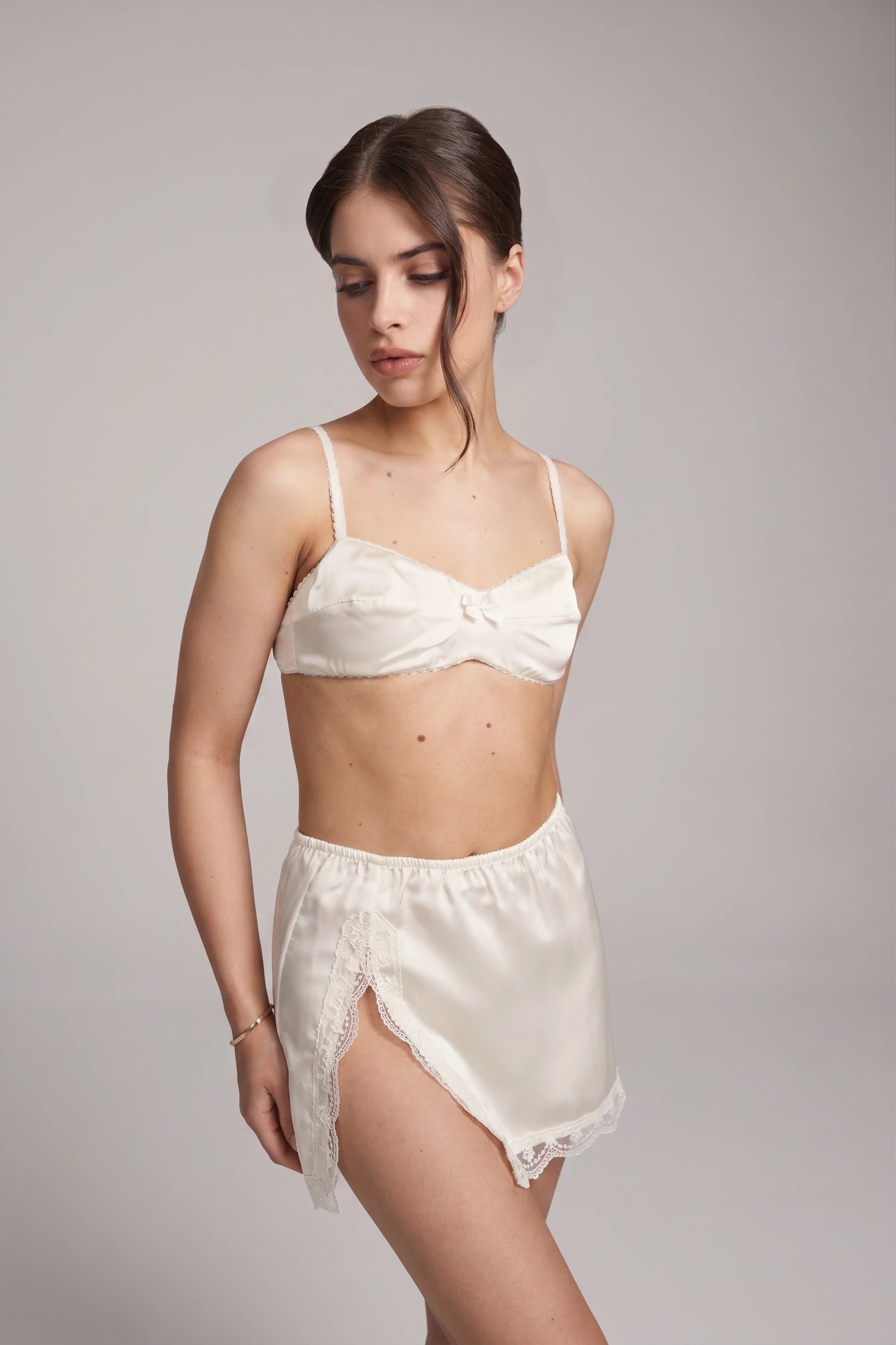 Élise Satin Ivory Two-Piece Set – Bralette & Mini Skirt