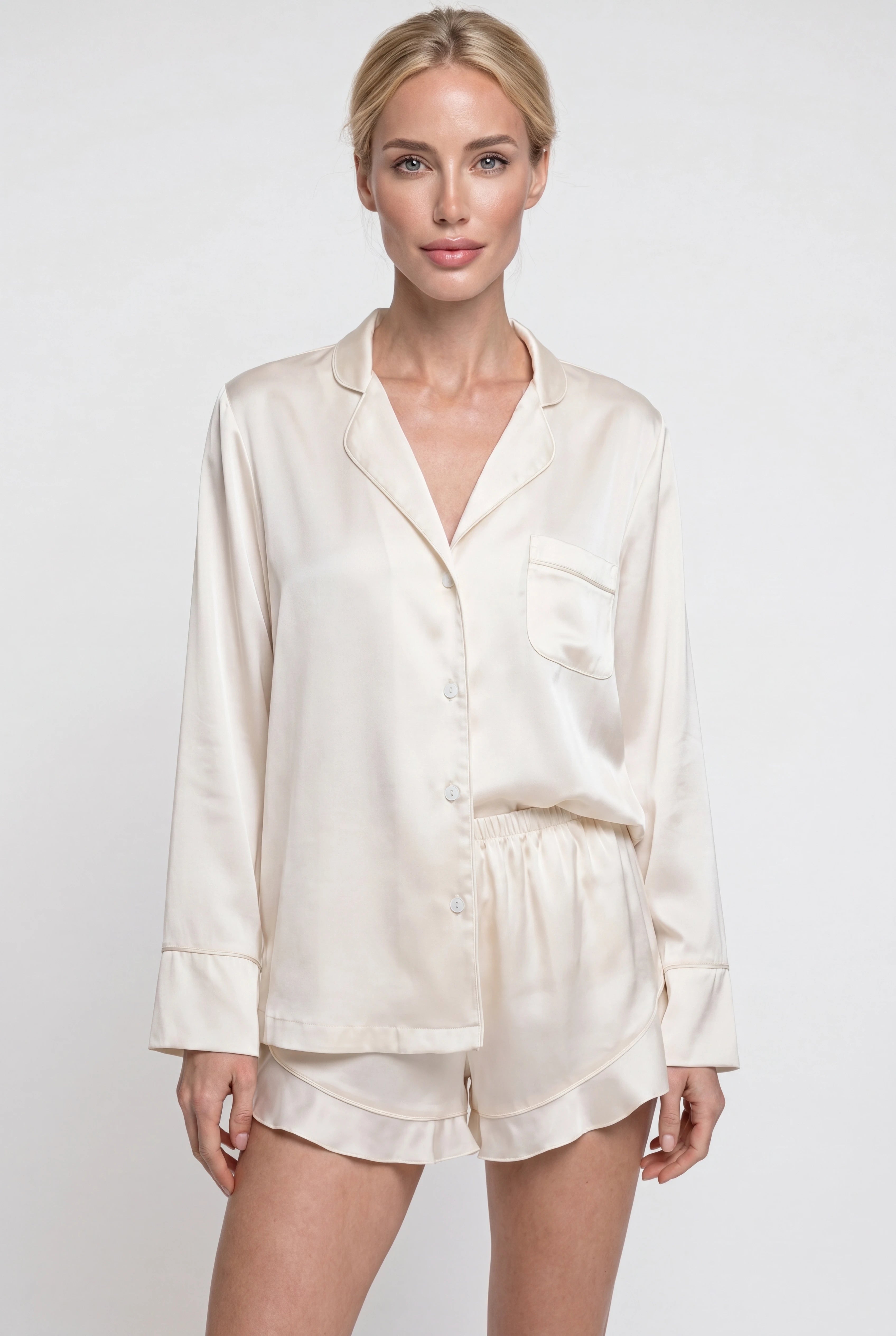 Lila Satin Ivory 3-Piece Lounge Set with Shirt, Pants and Shorts
