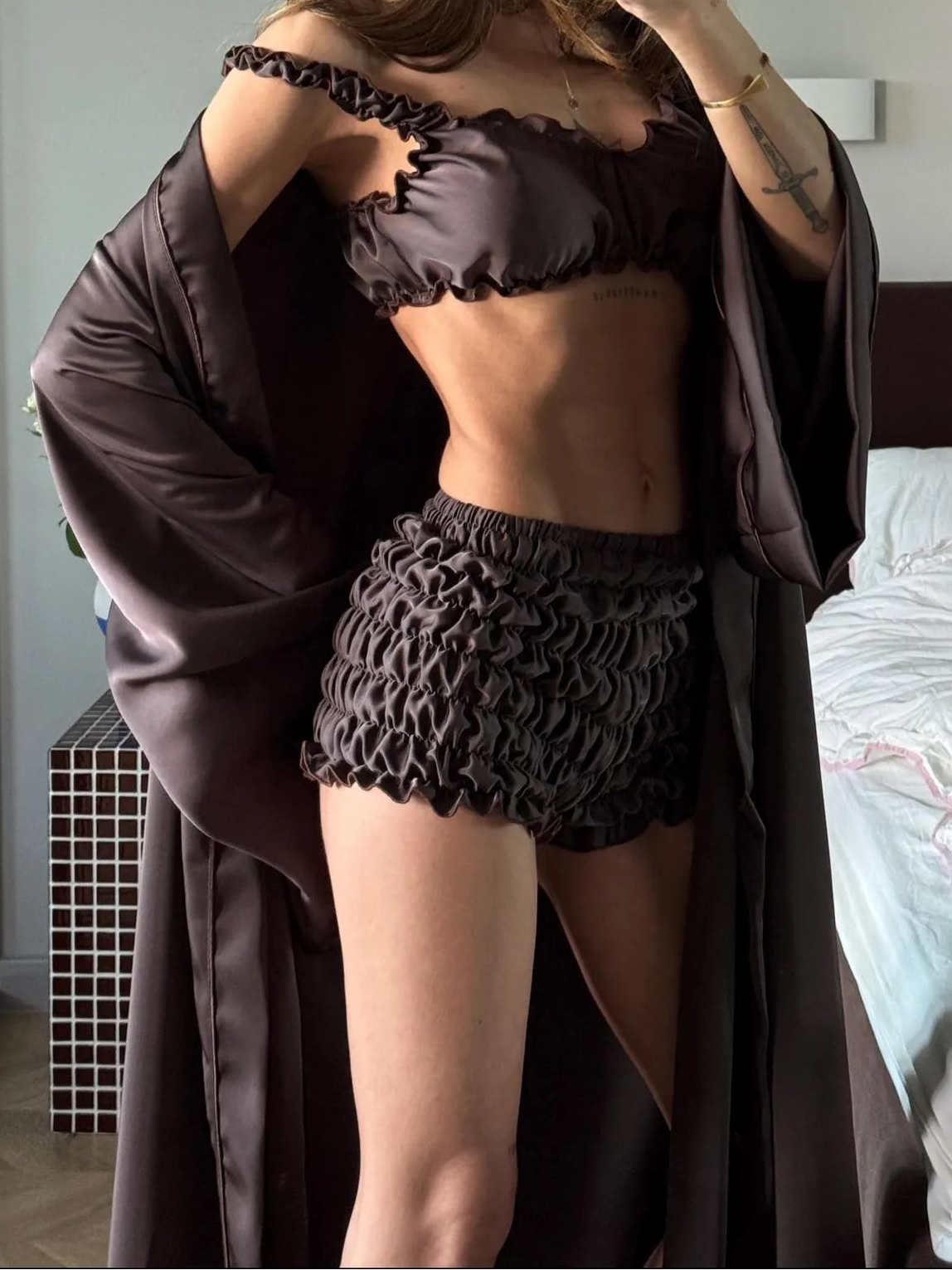 satin set shorts and top Chocolate