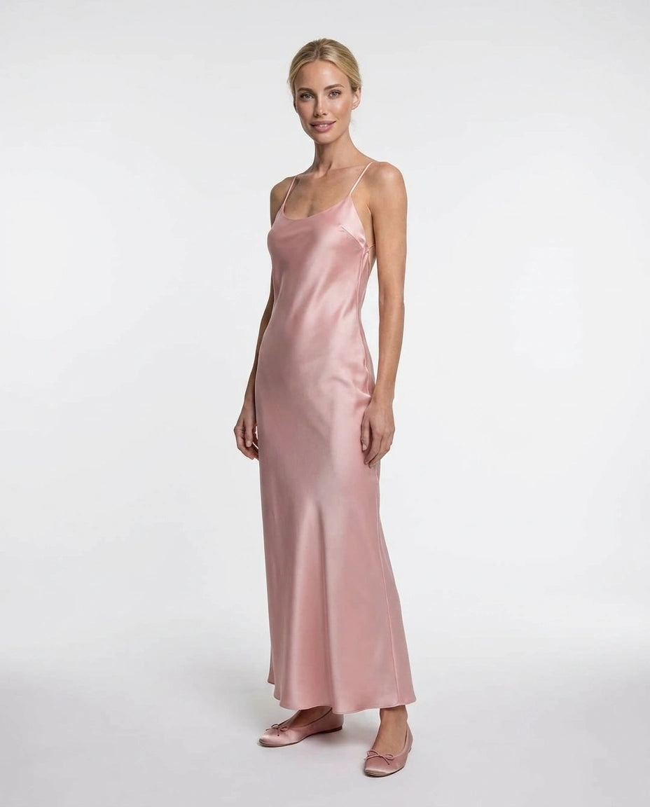 Rosalie Satin Blush Maxi Dress with Open Back