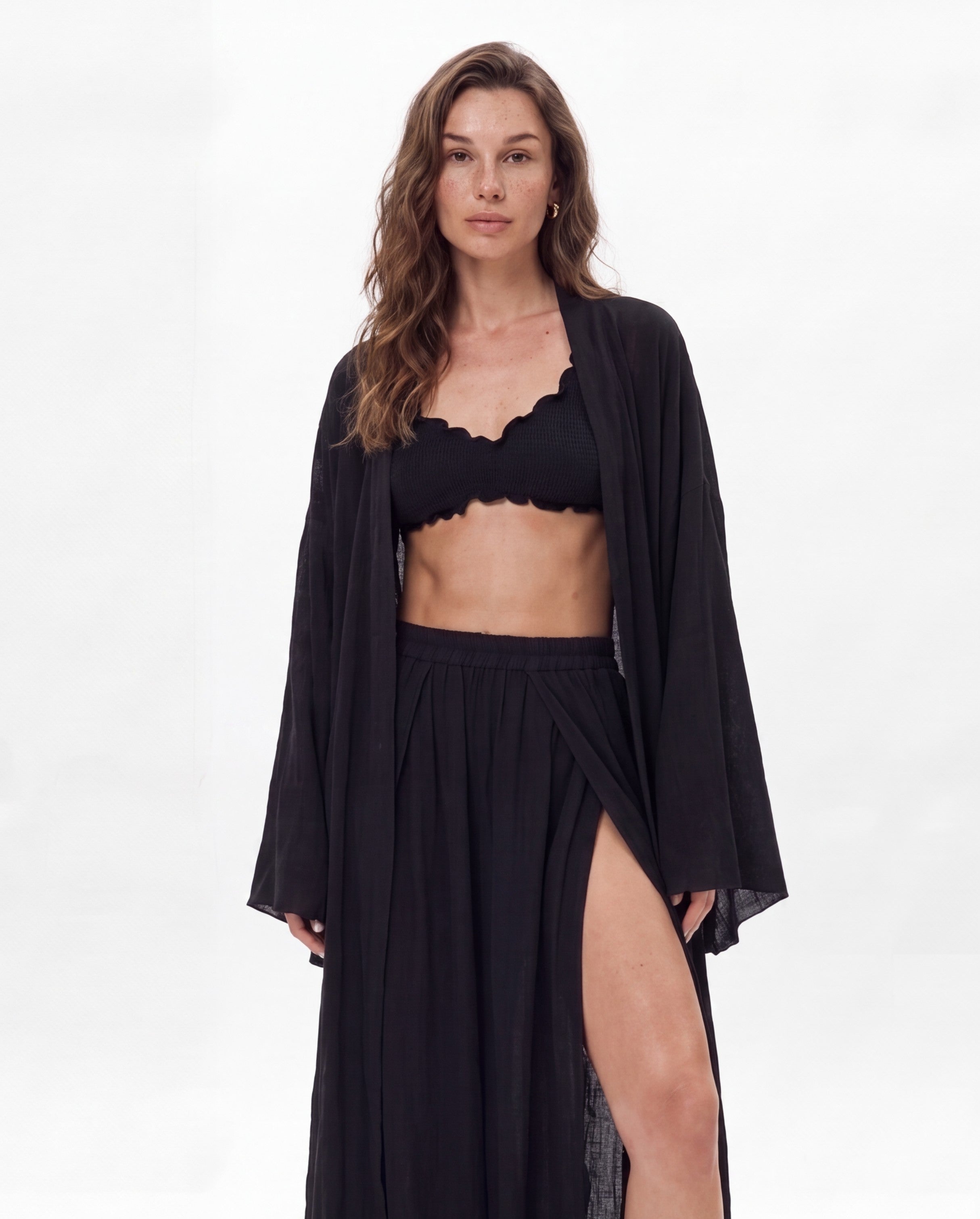 Océane Viscose Black Three-Piece Set with Kimono