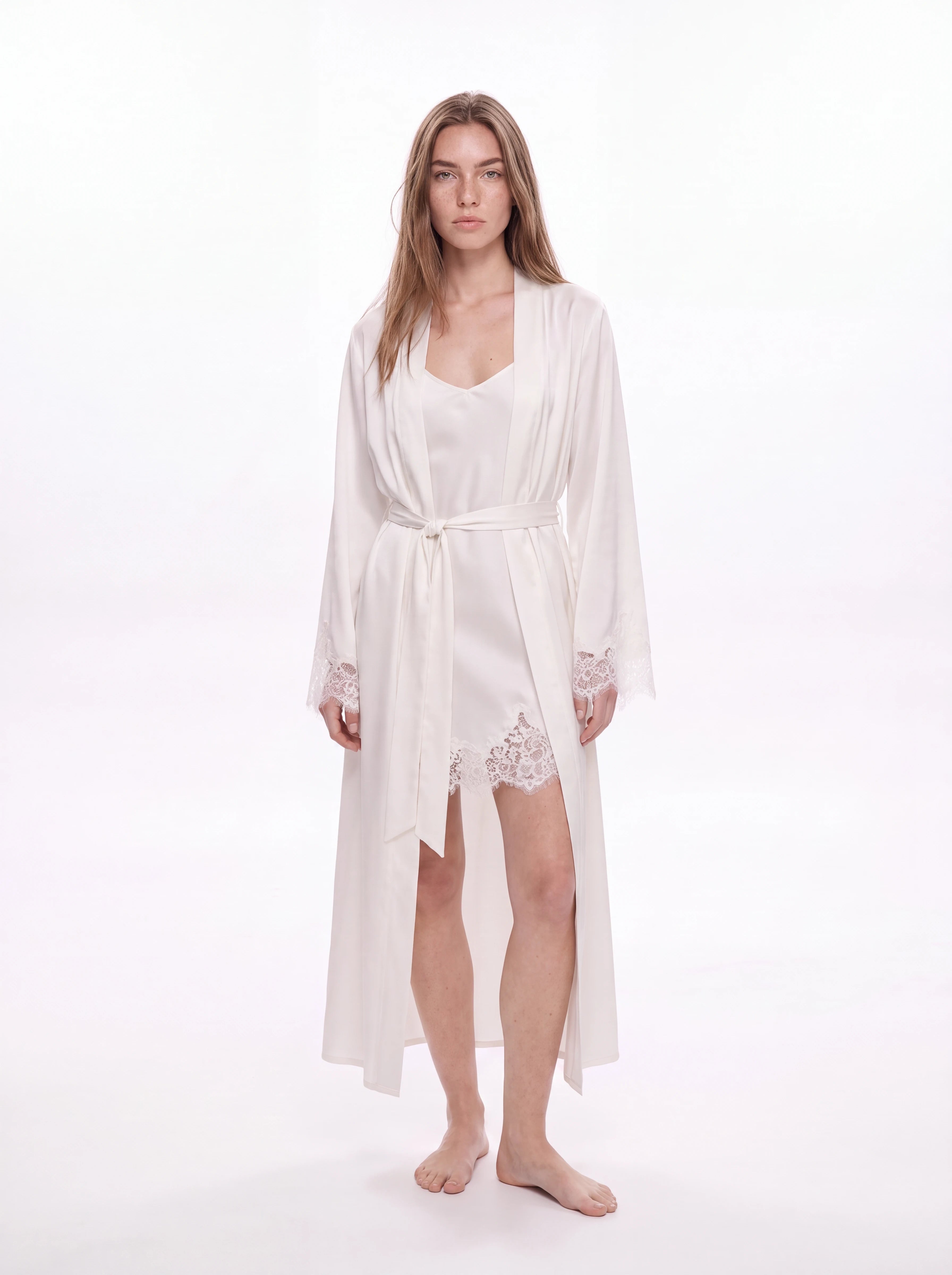 Juliette Satin Ivory Mini Slip Dress with French Lace Hem